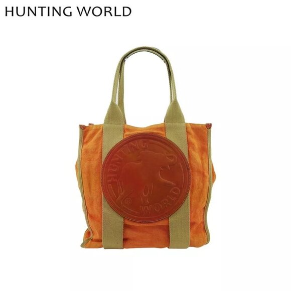 HUNTING WORLD Tote Bag Logo Orange Beige Canvas x Leather Authentic Used - Picture 1 of 10